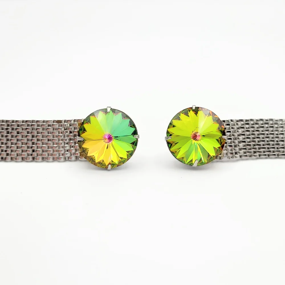 Vintage Rainbow Rivoli Crystal Silver Tone Mesh Cufflinks - Picture 3 of 12
